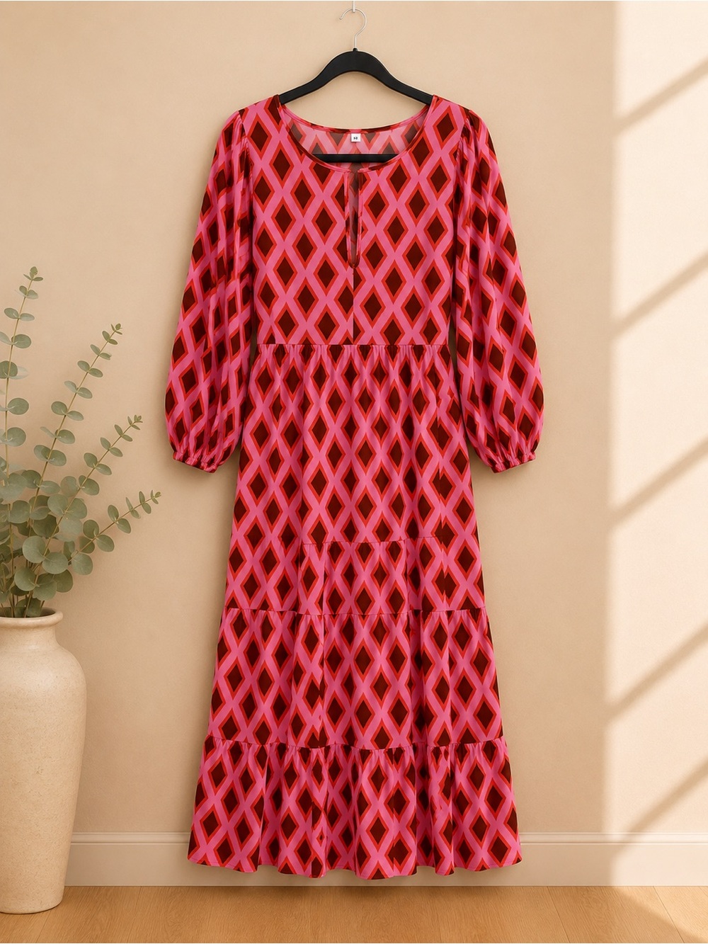 Women's Pink Geometric Tiered Midi Dress